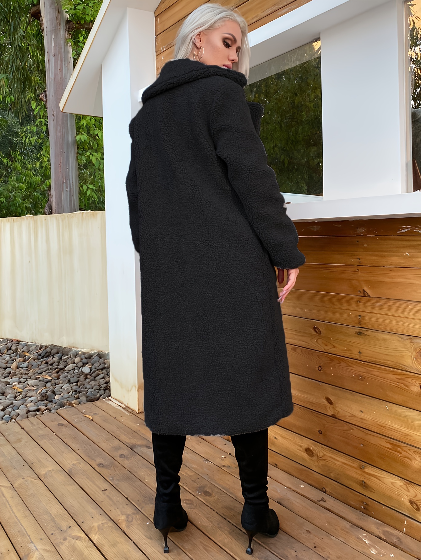 plus size faux fur coat casual polyester non stretch solid color with lapel collar and button details for knit fabric outerwear details 1