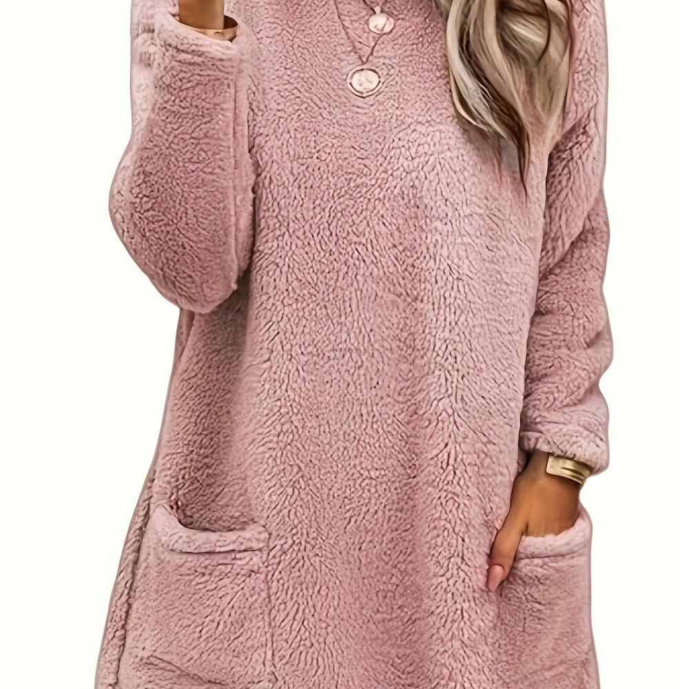 Cozy Plus-Size Fleece Pullover - Warm Long Sleeve Top with Pockets, Ideal for Casual Wear